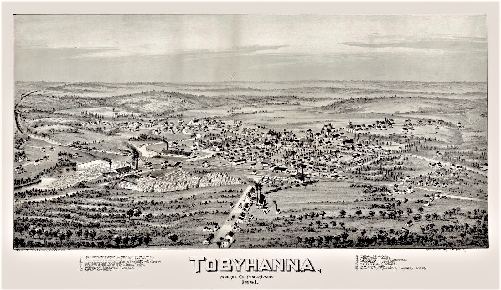 “Tobyhanna” is an Indian name meaning “dark waters” or “alder bottom.” It got this name from the amount of tannic acid from leaves which turns lake and streems to the color of tea. Tobyhanna was first named Naglesville in honor of George Nagle of Philaelphia. He opened the first store and built a small water-powered sawmill about 1840. By 1845, the town consisted of six or seven dwellings, one store, one tavern and two sawmills. By 1865, Tobyhanna was the largest village in this area of the country, pleasantly located near the center of Coolbaugh Township. This map is dated 1891.
